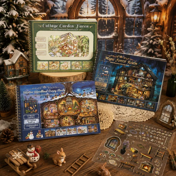 Cross-border miniature diorama sticker book, featuring winter Christmas snow scenes, cottages, rabbits, and tree hollows, PET journal stickers