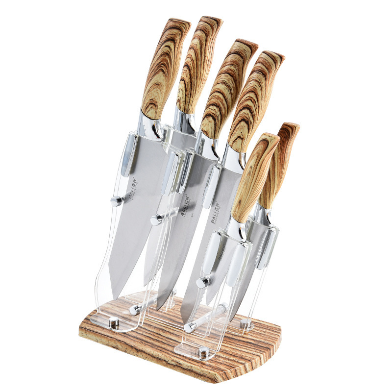 Conjunto de cuchillo de chef de siete piezas de acero inoxidable de doble galvanoplastia con mango de bambú, soporte de cuchillo afilado y duradero al por mayor