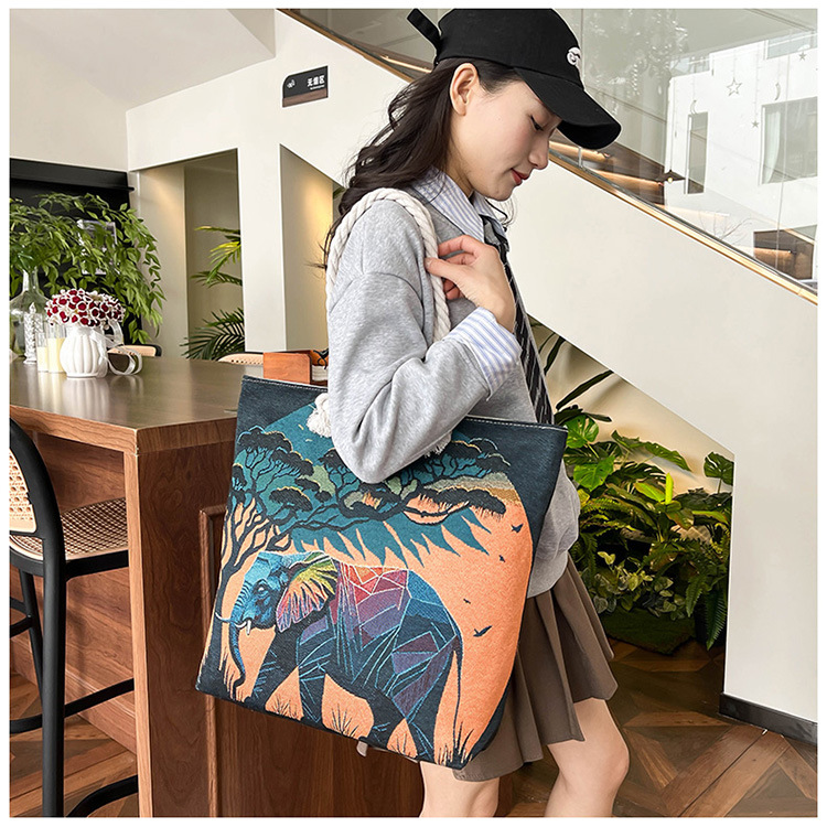 300g Weight Polyester Lining Material Zipper Closure Type Single Shoulder Strap Strap Type Tote Bag Bags Type Holiday, Travel Occasion Canvas Material Elephant Pattern All Seasons Season Women's Gender Ethnic Style, Classic Style Style Square Shape Medium Size Women's Medium Canvas Elephant Ethnic Style Classic Style Square Zipper Tote Bag 9