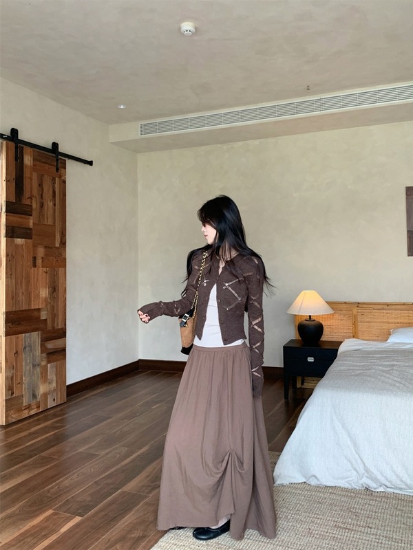 镂空外搭针织开衫复古褶皱宽松不规则半身裙2025秋季新款套装女潮|undefined