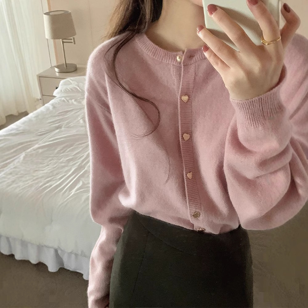 Gentle style pink knitted cardigan for women 2023 autumn and winter elegant soft glutinous sweater loose short round neck thin coat