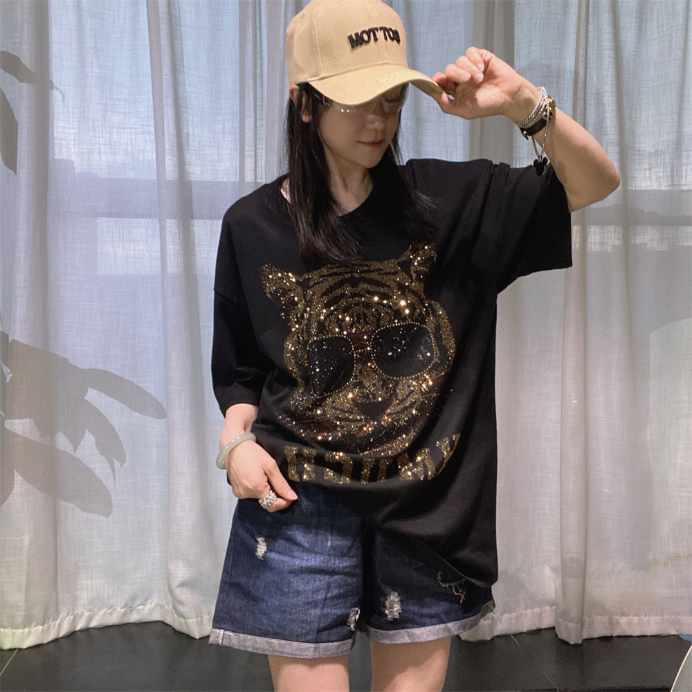 American Pure Cotton 200g Round Neck T-Shirt for Men and Women, Summer Loose and Versatile, Flesh-Covering, Stylish Diamond-Encrusted Large Size Top