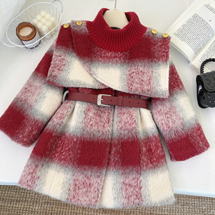 2024 New Girls' Woolen Coat Winter Clothing Fleece-Lined and Thickeneded Baby Girl's Fashionable British Style Jacket High-End
