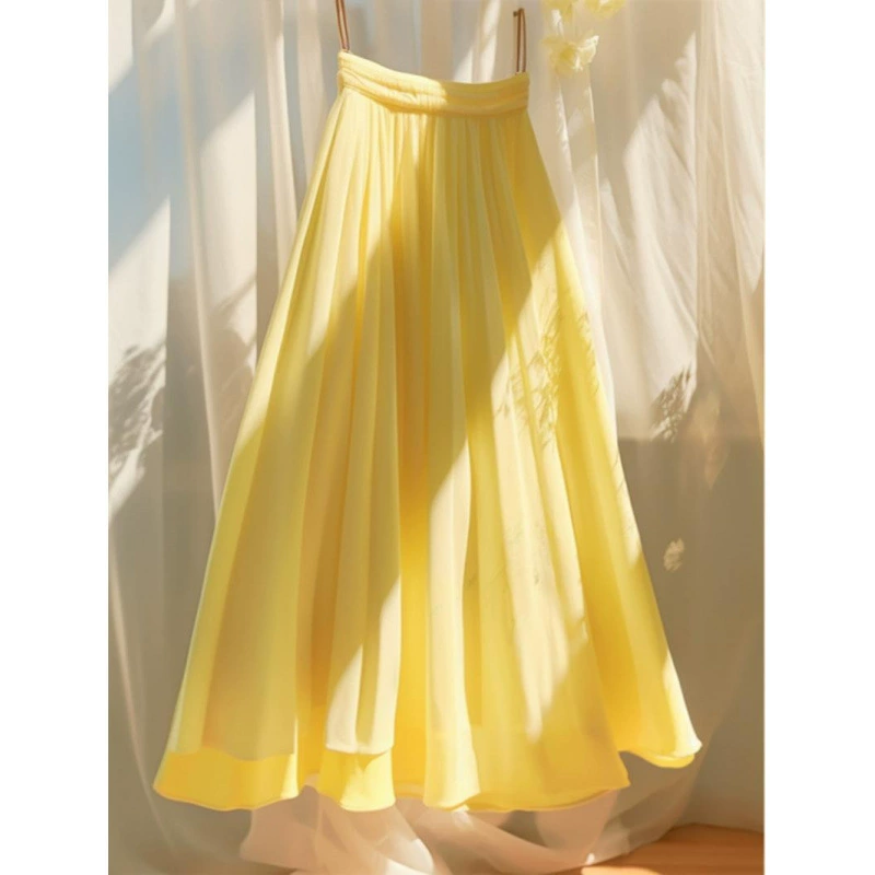 Юбка-зонтик А-силуэта в сказочном лесном стиле для маленьких людей, высокая талия, стройнящая фигура, светло-желтая шифоновая юбка на лето