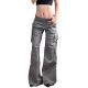American Street Design Waist Stitching Slimming Pocket Crane Jeans High Waist Loose Slimming Straight Casual Pants