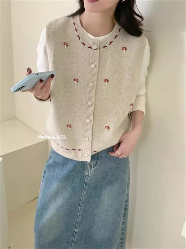 韩系蘑菇刺绣针织开衫背心女2025春秋新款宽松百搭毛衣马甲坎肩潮|undefined
