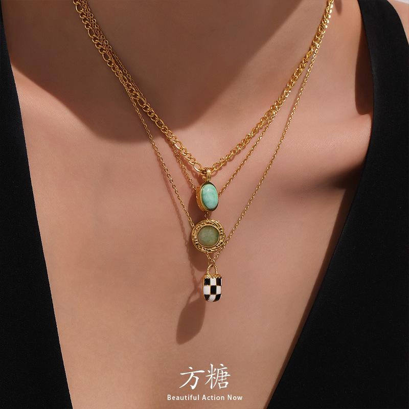 Sugar Cube Niche Natural Turquoise Oval Pendant Necklace Checkerboard Handbag Titanium Steel Non-Fading Clavicle Chain