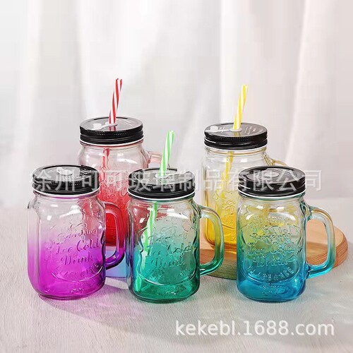 Frosted juice rooster cup gradient color letter glass transparent straw with lid cold drink handle mason cup