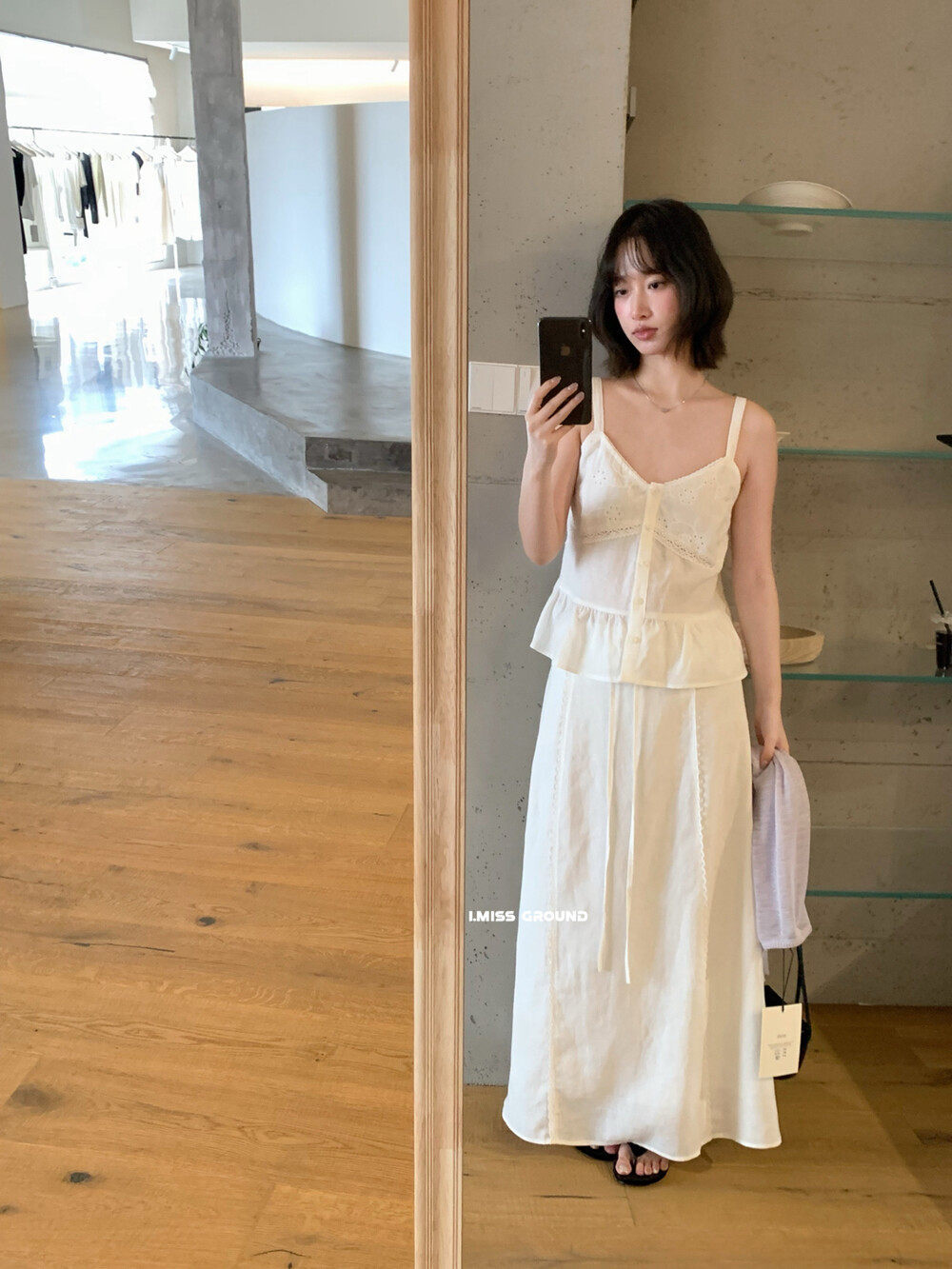 Set váy hai dây và chân váy maxi linen phong cách Hàn Quốc — Sling trắng, Trắng nửa váy chi tiết 5