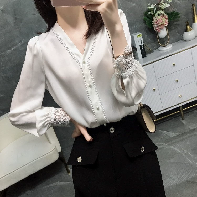 Женская одежда больших размеров CS06, свободная блузка в корейском стиле с длинными рукавами из кружевного шифона, профессиональная базовая блузка для женщин.