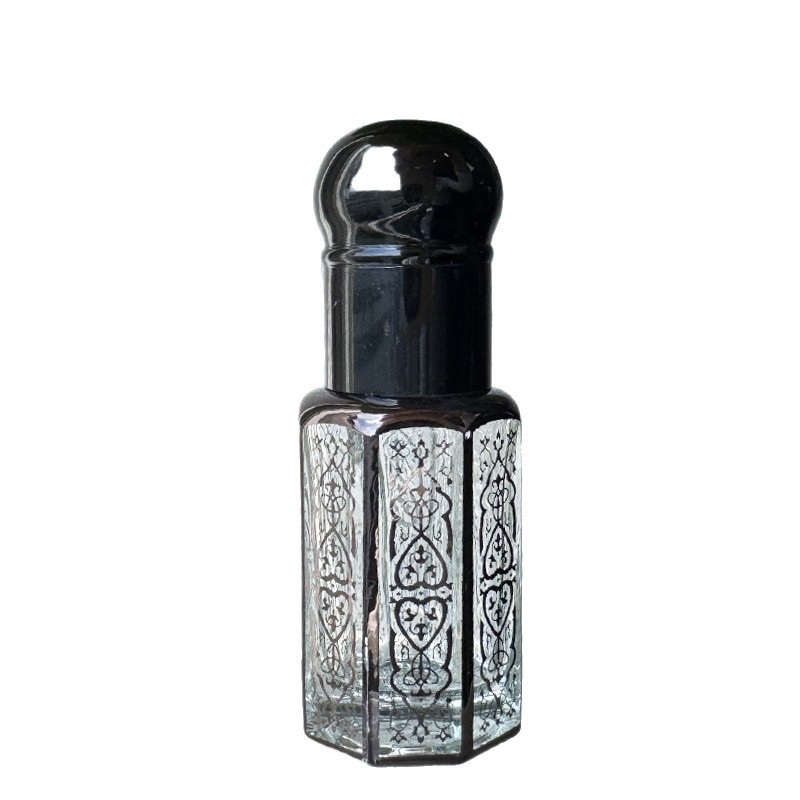 Botella de aceite de cristal revestido con láser, sub-embotellado, botella de perfume con cuentagotas sellada en espiral, fabricante de botellas de bolas rodantes al por mayor octogonal