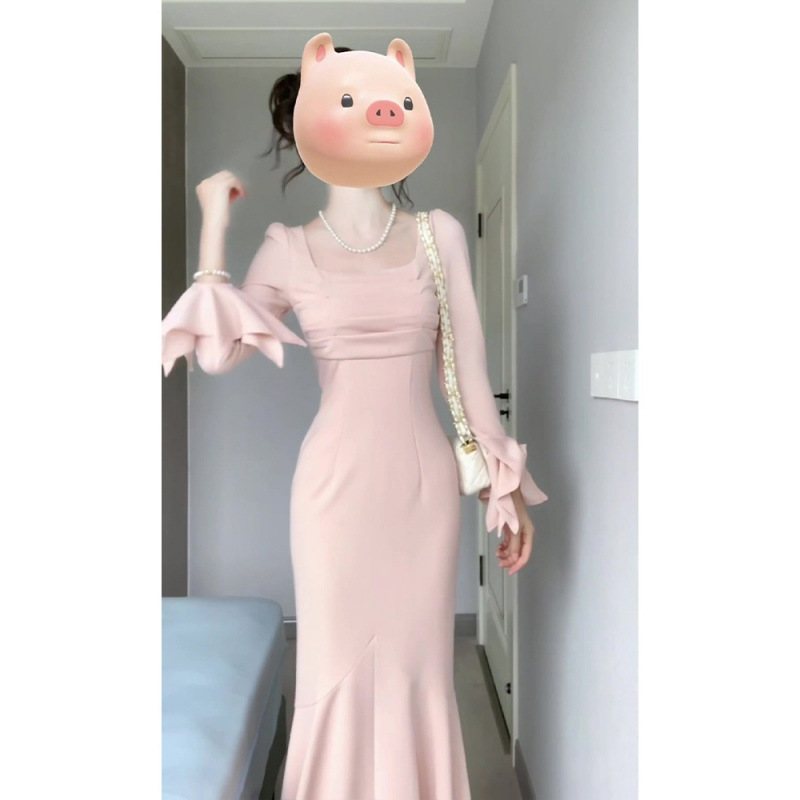 法式优雅方领喇叭袖连衣裙女秋冬纯欲气质收腰显瘦修身长裙鱼尾裙|undefined
