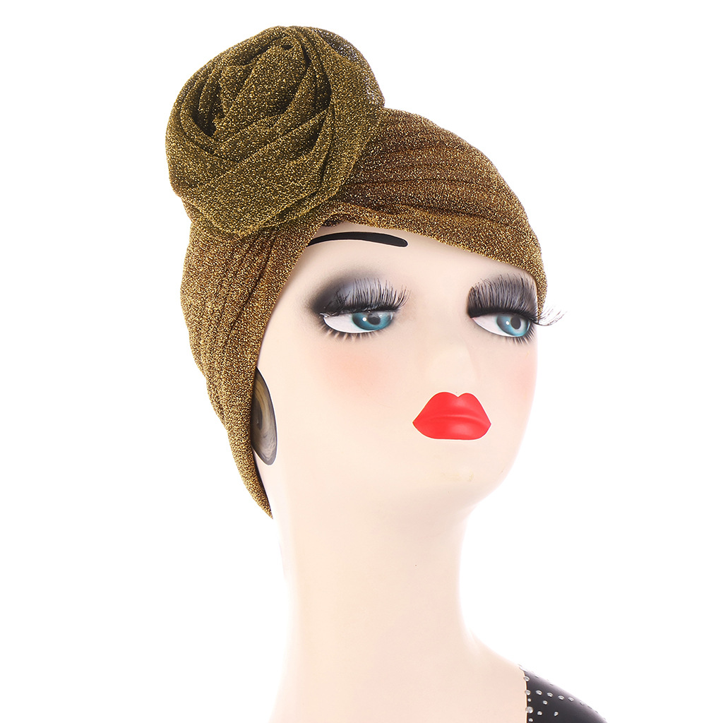 Muslimischer Turban-Hut, modischer, plissierter indischer Hut, mehrfarbig, helle Seide, indischer Hut, Rosenblüten-Pullover-Hut_voghion.com