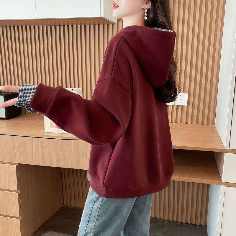 Fake Two-Piece Hooded Sweatshirt for Women 2025 New Spring & Fall Thin Large Size Fat mm Loose Korean Style Top Jacket for Women