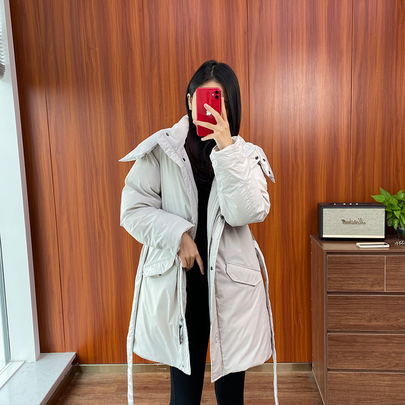 Big Sale! Light Luxury 90 White Goose down Hooded down Jacket Mid-Length Commuter Thickeneded Lace-Up Jacket Winter New Style 086