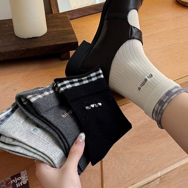秋季袜子女卷边方格miu系学院风中筒袜外穿高颜值百搭潮流堆堆袜|undefined