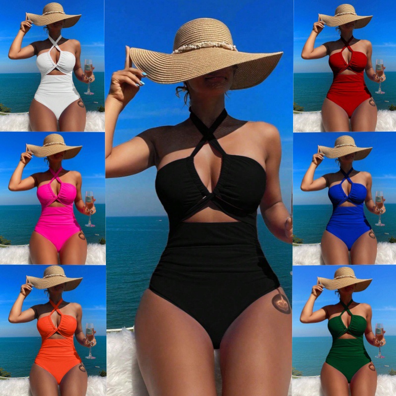 Trajes de baño de mujer Europa y América de cintura alta de color sólido una sola pieza sexy trasera de comercio exterior nuevo trajes de baño transfronterizos fábrica al por mayor