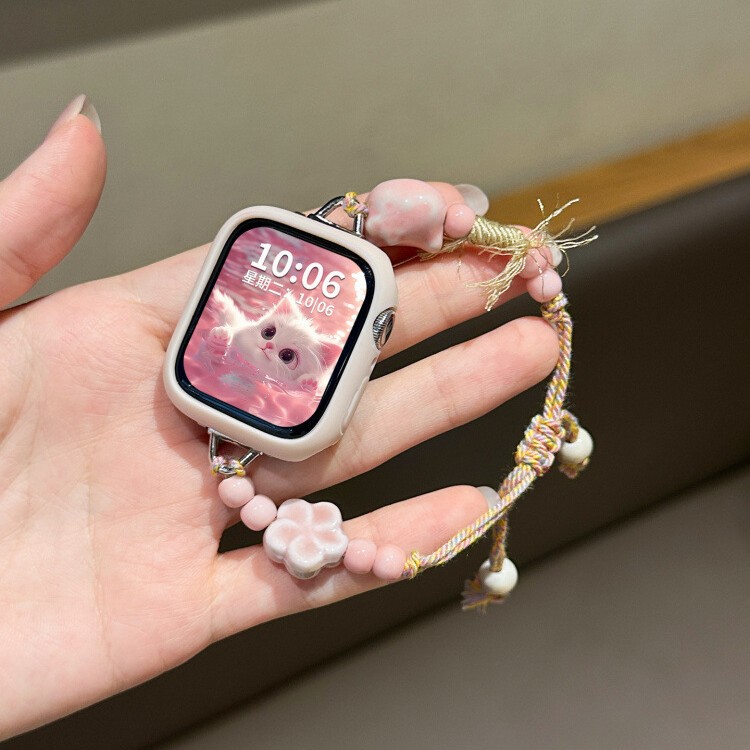 Suitable for Apple Watch Strap Iwatch10 New Ceramic Flower Pink Cat S9 Drawstring Wristband S Fashion Se Female