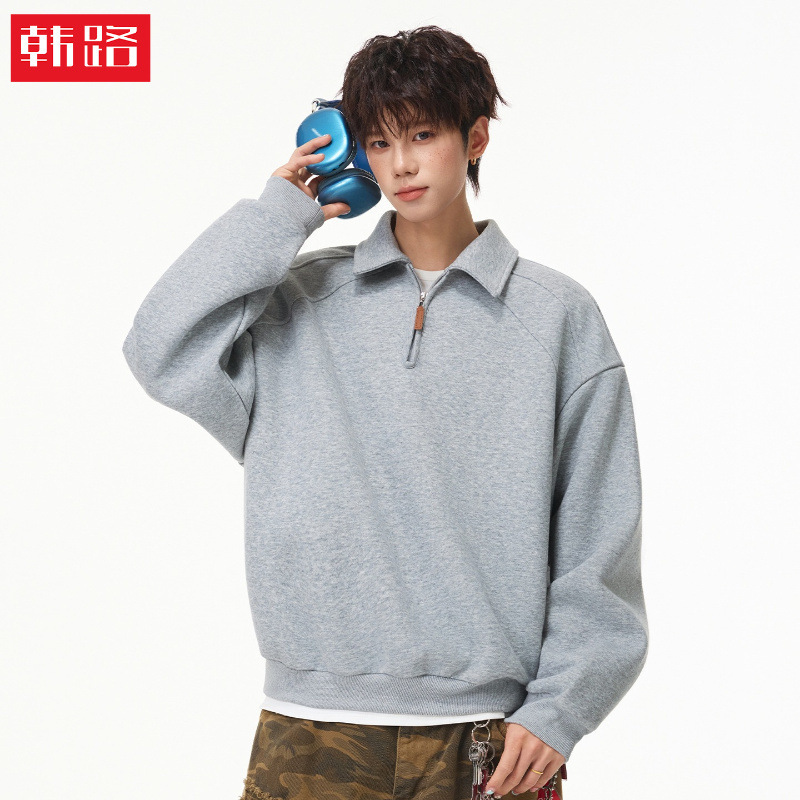 Hanlu | American retro half-zip polo collar sweatshirt for men, autumn style, short and wide silhouette, segmented patchwork pullover jacket