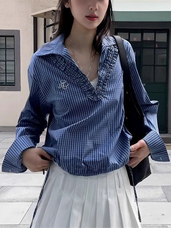 韩系v领格子衬衫女长袖春夏新款收腰设计感小众宽松显瘦休闲衬衣|undefined
