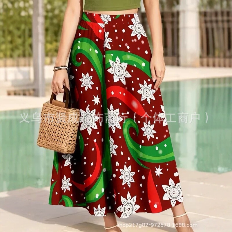 Cross-border Amazon independent site Christmas print high-waisted A-line slimming mid-length skirt women's clothing Cross-border Amazon independent site Christmas print high-waisted A-line slimming mid-length skirt women's clothing