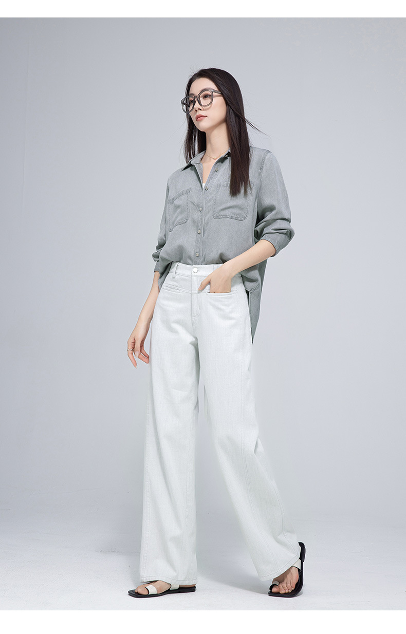 Áo sơ mi denim nữ tay dài phong cách đơn giản, chất liệu lyocell, có túi công vụ — Màu hồng chi tiết 25