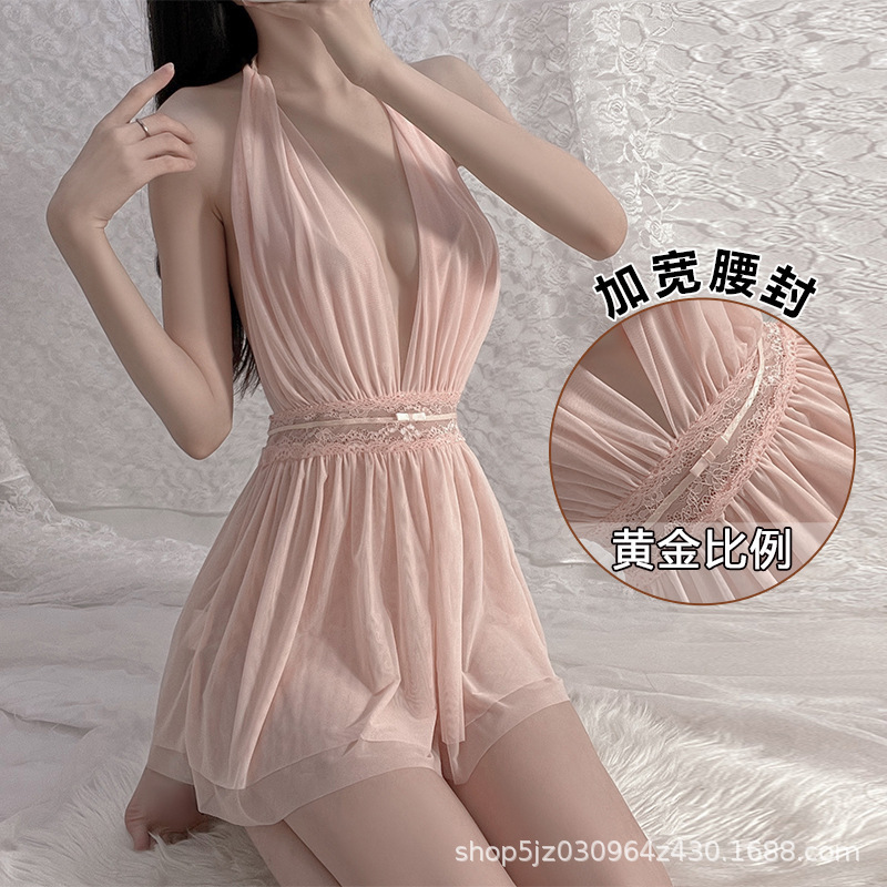 French Style Mesh Backless Nightgown Nightgown Sexy Women's Pajamas Ins Style High Beauty Comfortable Summer Breathable Nightgown