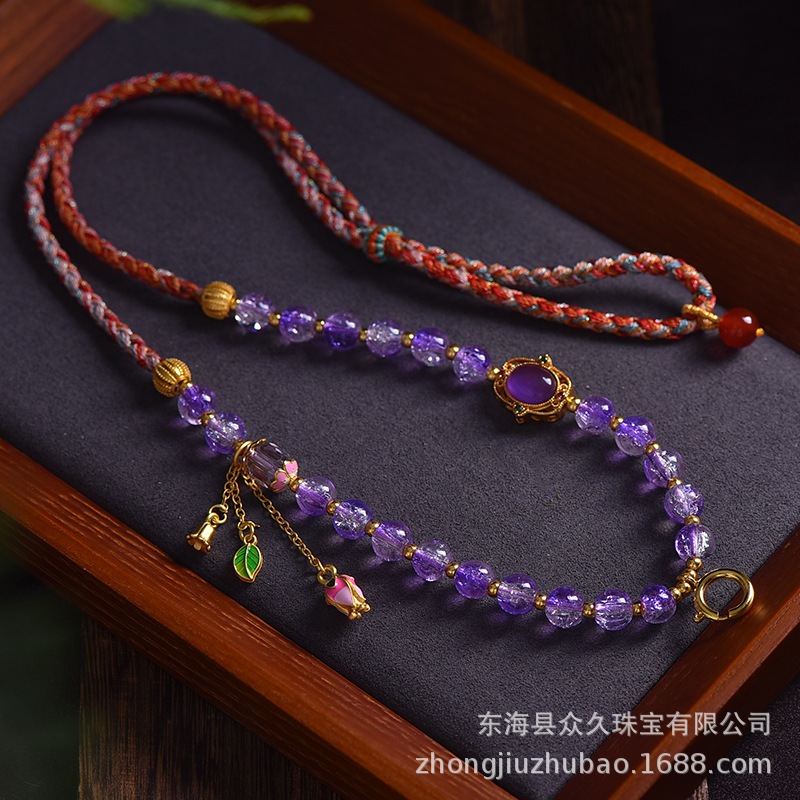 藏式风五爷唐卡挂脖链 爆花水晶DIY珠链项链泰国佛牌链女款毛衣链