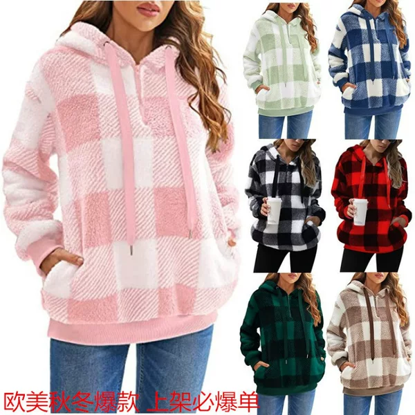 in stock plush coat 2025 spring and autumn new Amazon AliExpress explosions long sleeve hooded plaid plush