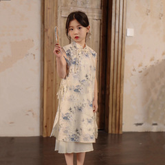 兒童漢服新中式旗袍裙女童復古水墨畫連衣裙2024新款夏季雪紡裙子