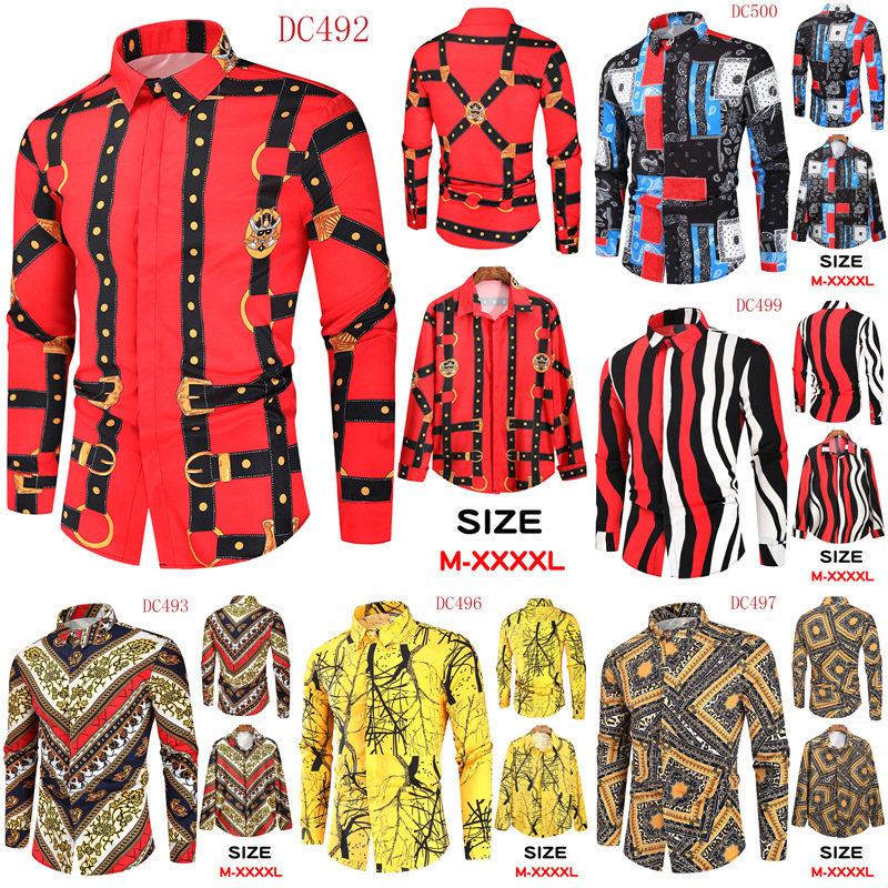 欧美大码休闲外贸男士宫廷风数码印花衬衫长袖衬衣