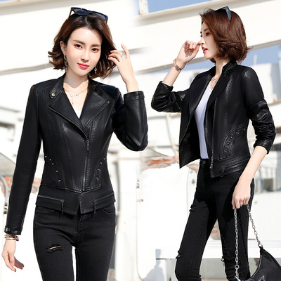 2021春季新款时尚后背下摆弧形带钻小皮衣修身短款皮夹克女批发