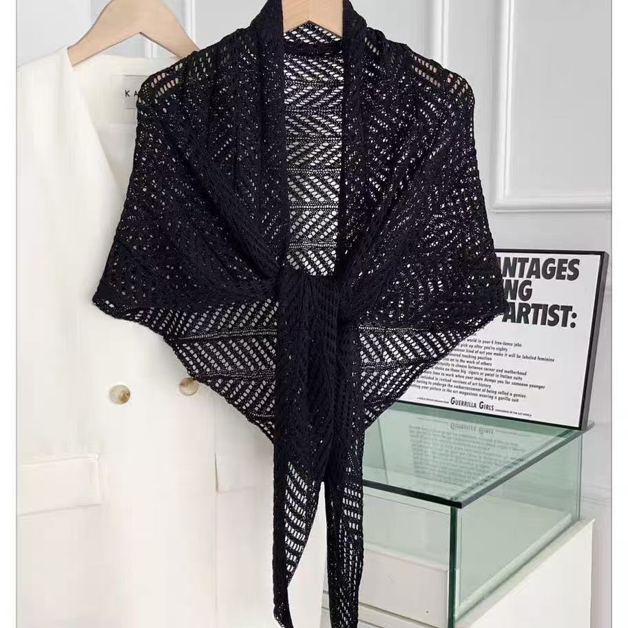 Vacation Sunscreen Ice Silk Knitted Shawl Cover-Up Hollow Light Luxury Triangle Women Summer Thin Air Conditioning Shirt_voghion.com