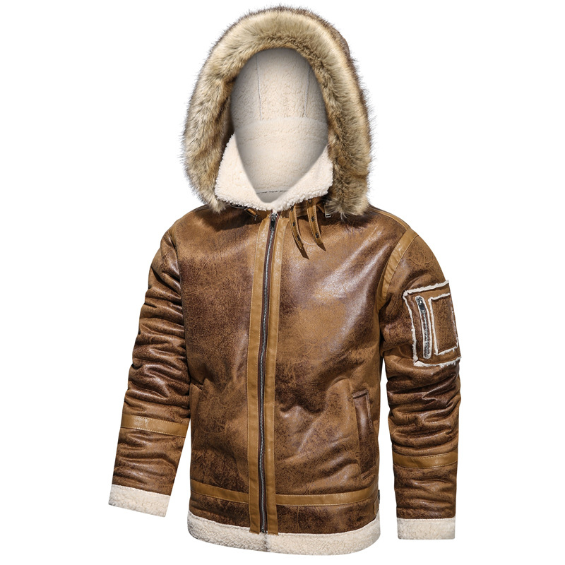 Men's Fleece Lined Leather Motorcycle Jacket With Hood Retro Style_voghion.com