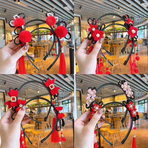 New year festive Tang suit hanfu head hoop red Flower headdress Children's chinese dress stage performance hair accessories baby Little girl headband