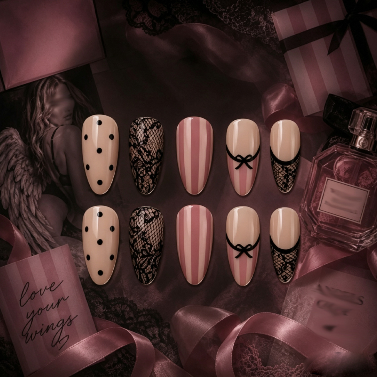 Exclusive for cross-border sales on Instagram: New black and pink lace bow press-on nails, 30pcs, polka dot striped almond-shaped nails
