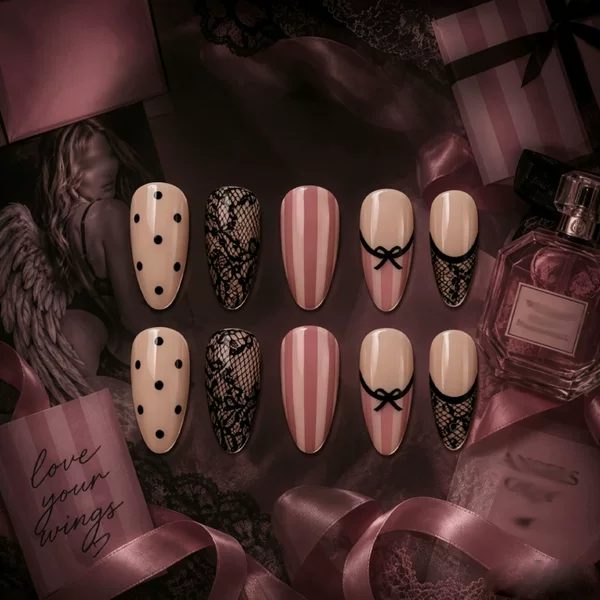 Exclusive for cross-border sales on Instagram: New black and pink lace bow press-on nails, 30pcs, polka dot striped almond-shaped nails