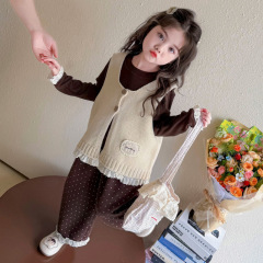 女童秋装套装2025新款小香风花边儿童针织马甲小女孩春秋款三件套