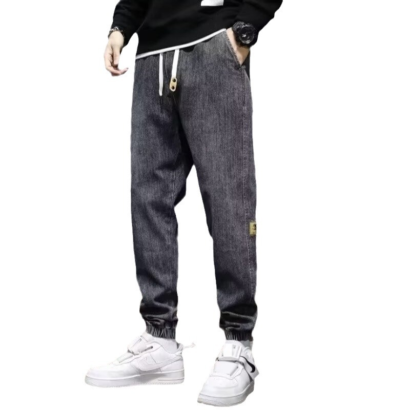 2024 primavera y otoño pantalones vaqueros de cintura elástica todo fósforo para hombres, pantalones de pierna ancha rectos sueltos para adolescentes de la calle principal