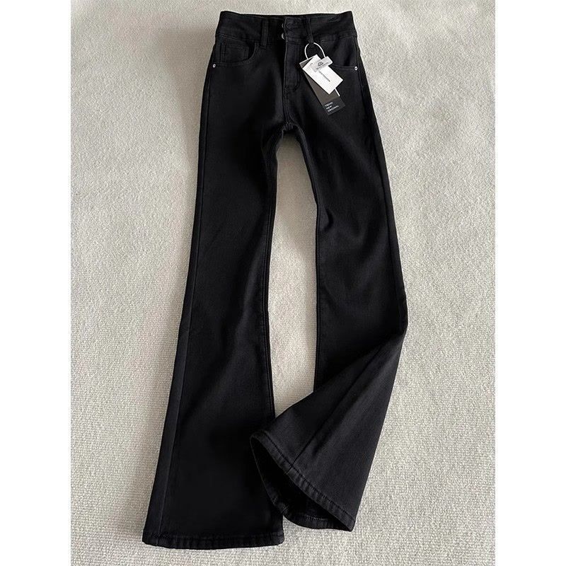 Black Willow Leaf Curved Flare Jeans for Men, American High Street Vibe, Slim Fit, Height-Enhancing, Slimming, Narrow Flare Pants