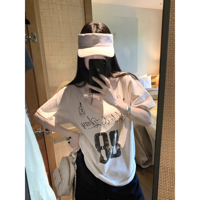 美式白色短袖t恤女V领蕾丝也有印花夏季宽松复古显瘦慵懒设计感上|undefined