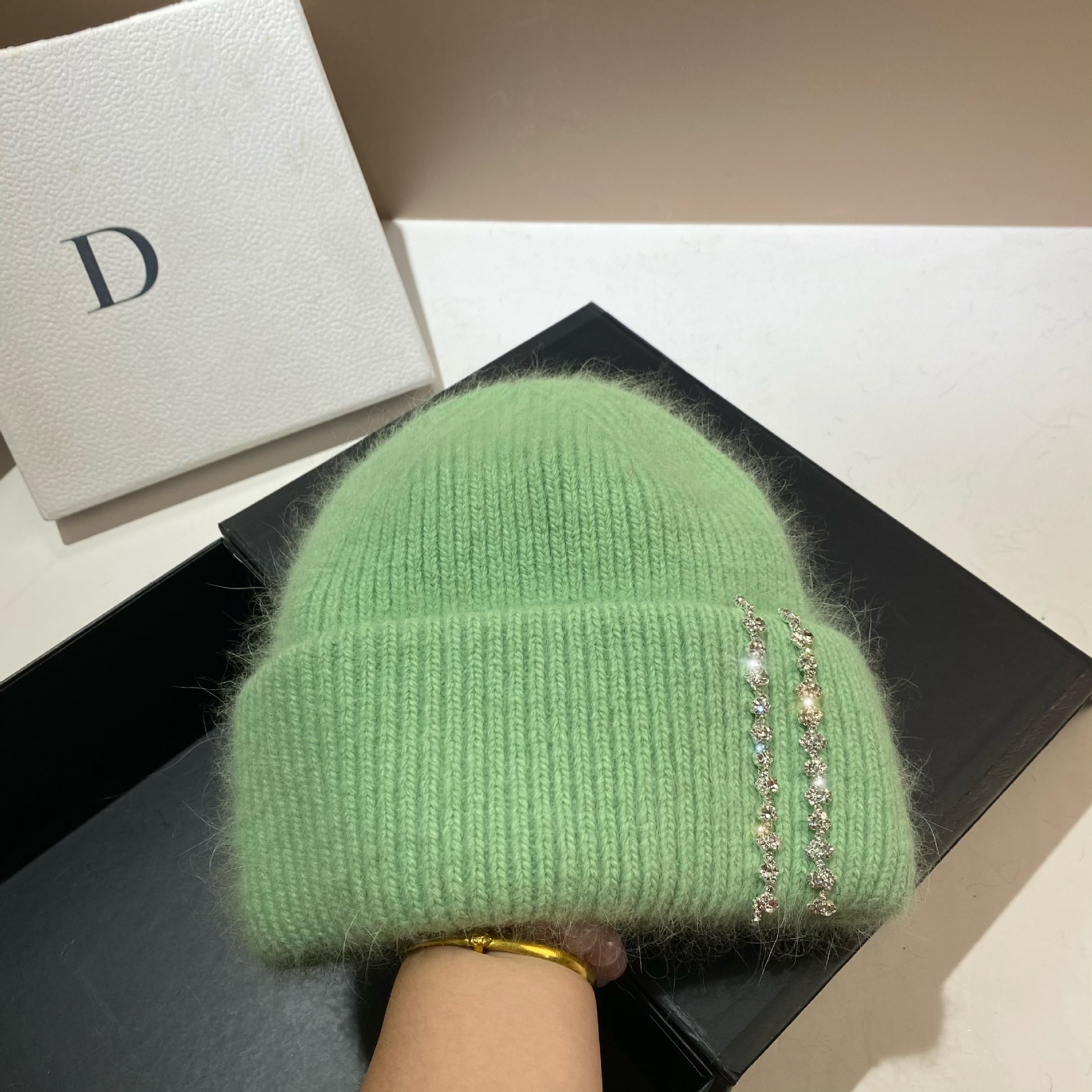 Winter-Thermomütze für den Außenbereich, langes Kaninchenhaar, doppelt gefaltete Strickmütze, Mode-Promi-Feng-Shui-Diamant-Wollmütze_voghion.com