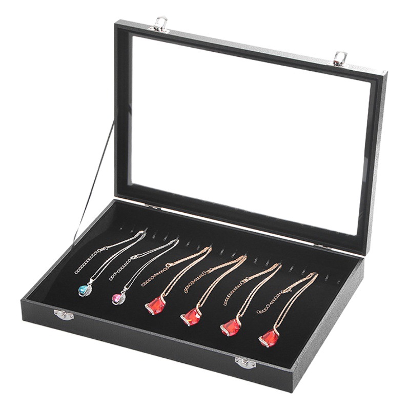 Caja de joyería negra con tapa de vidrio, organizador de collar, anillos y pulseras a prueba de polvo