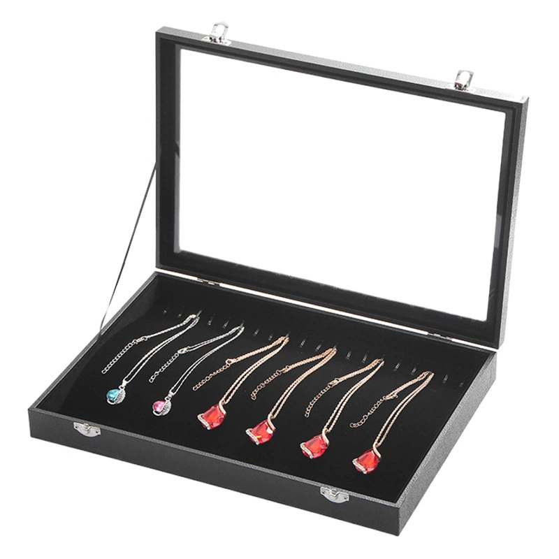 Черный сундук для ювелирных изделий Ожерелье Кольцо Серьги Браслет антикварная клетчатая витрина для хранения с крышкой пылезащитное стекло