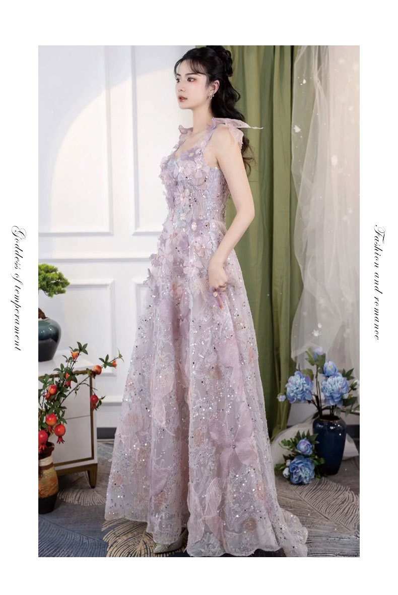 Women's Purple Lace Floral Banquet Dress High-End Slip Dress Light Luxury Niche Style New Fashion For Wedding Party Wear_ecoleips.com