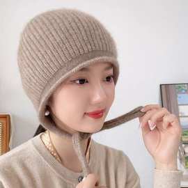 美丽诺纯羊毛毛线帽秋冬护耳时尚大头围冷帽针织帽保暖帽子女韩版