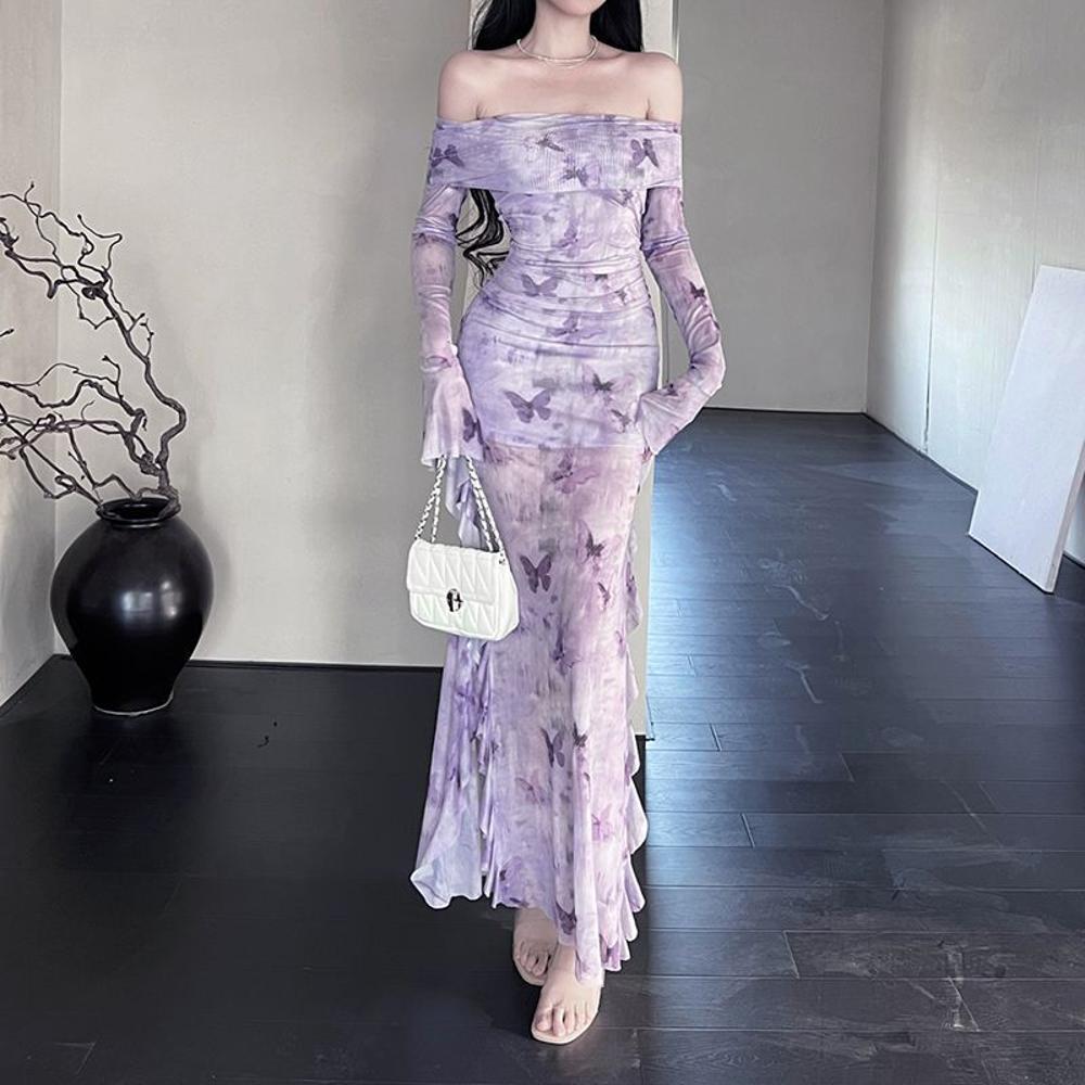 New Chinese Style One-Shoulder Women's Summer Elegant Mesh Long-Sleeved Dress Casual Slim Fit Hip-Hugging Fishtail Dress Cheongsam