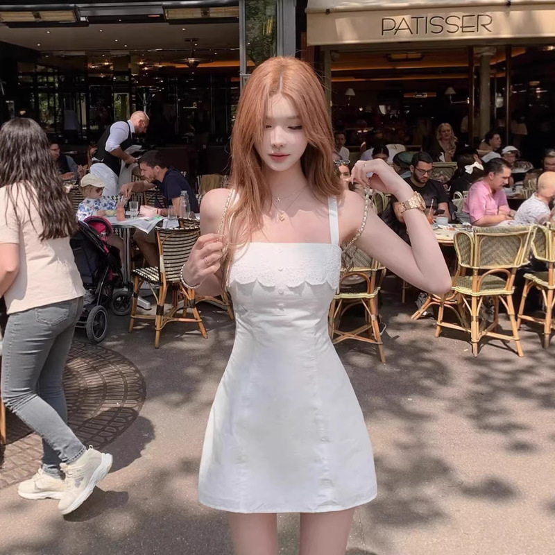 French-Style Pure and Sweet White Spaghetti Strap Dress for Petite Women, Summer Gentle Waist-Cinching, Stunning Fairy-Like Lace Short Dress French-Style Pure and Sweet White Spaghetti Strap Dress for Petite Women, Summer Gentle Waist-Cinching, Stunning Fairy-Like Lace Short Dress