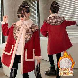 2025新款女童外套冬季小女孩洋气毛呢加厚冬装儿童装加绒红色大衣