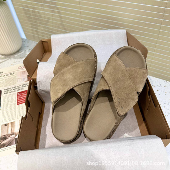 Cowhide Velcro Thick Bottom Cross Sandals New Slippers 2025 New Thick Bottom Velcro Sandals